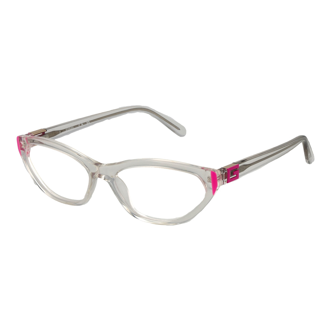Clear plastic cat-eye eyeglasses with pink corner accents and pink 'G' logo on temples for Women