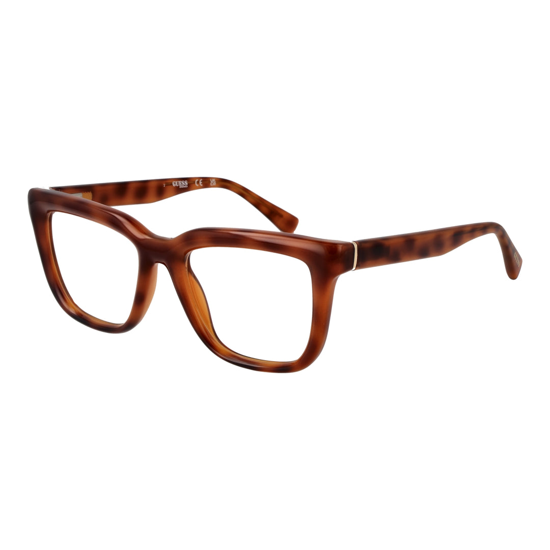 Brown tortoiseshell square eyeglasses with thick frame and patterned temples, front view on neutral background
