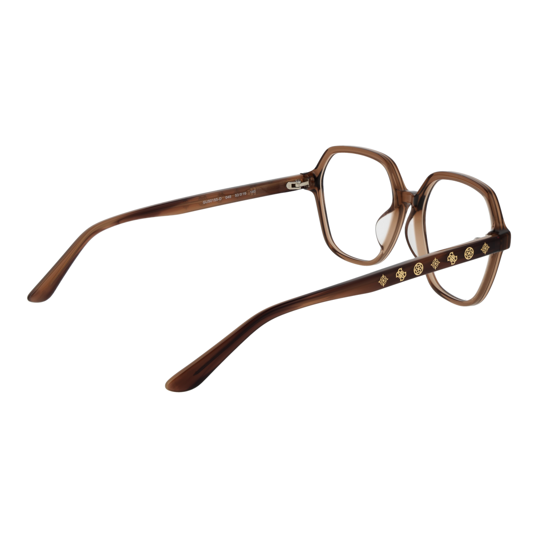 Brown geometric plastic eyeglasses with gold decorative temple symbols, clear lenses, retro-inspired shape