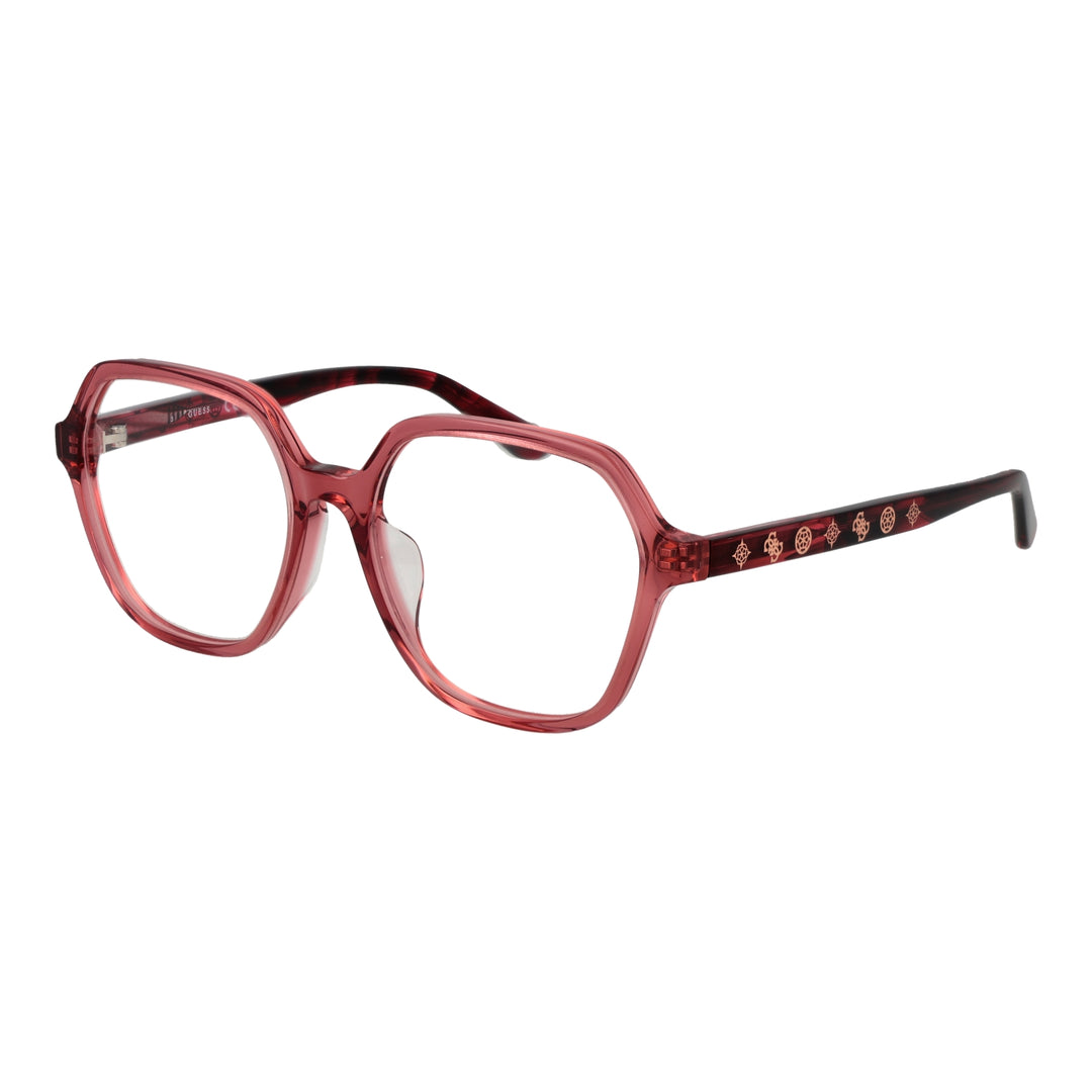 Transparent red geometric eyeglasses in plastic with decorative temple symbols on a neutral background