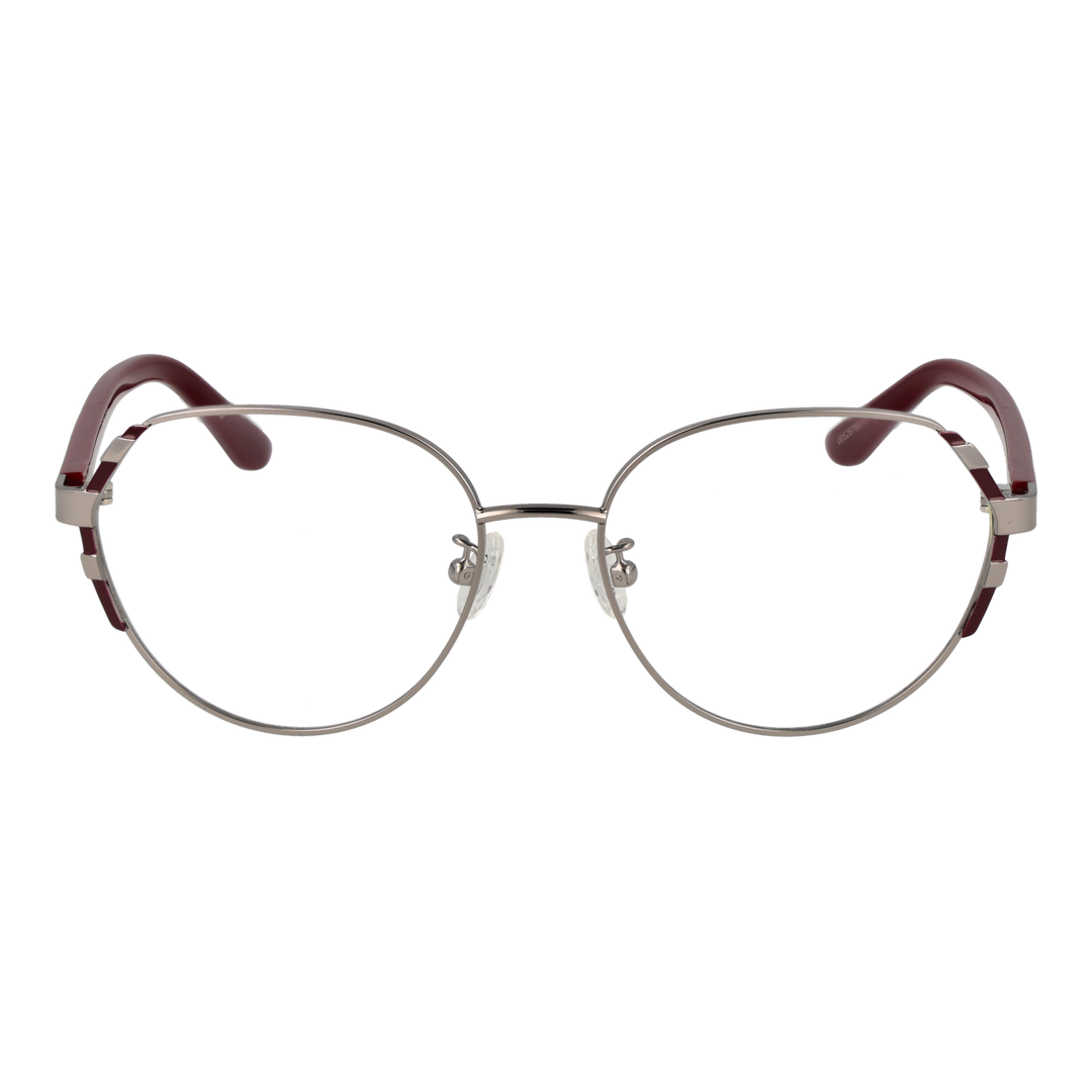 Unisex silver round eyeglasses with thin metal frame and dark red acetate temple tips, adjustable nose pads
