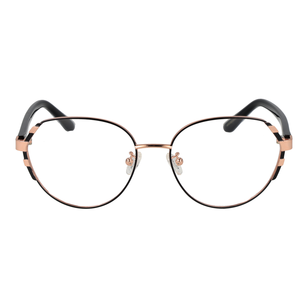 Rose gold thin metal round eyeglasses with black plastic temple tips on white background, minimalist modern design
