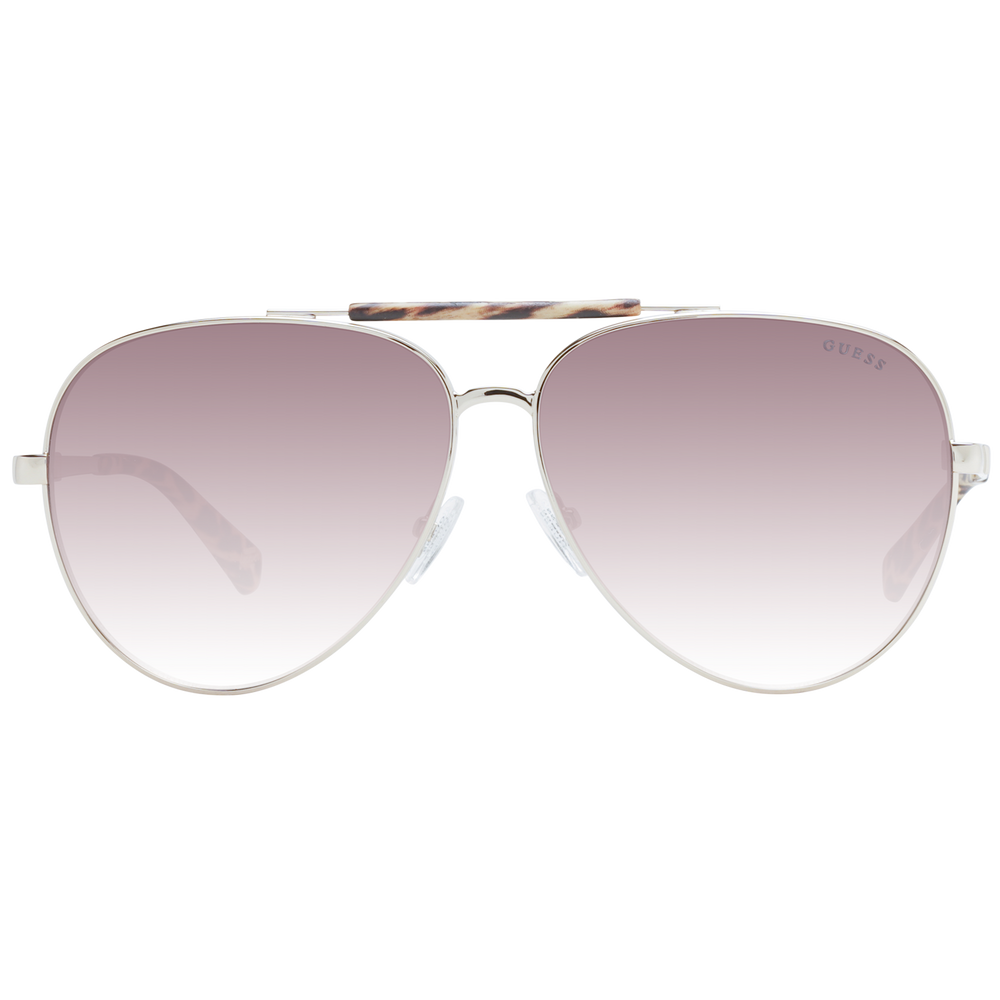 Silver aviator sunglasses with purple gradient lenses and tortoiseshell top bar and temple tips on white background