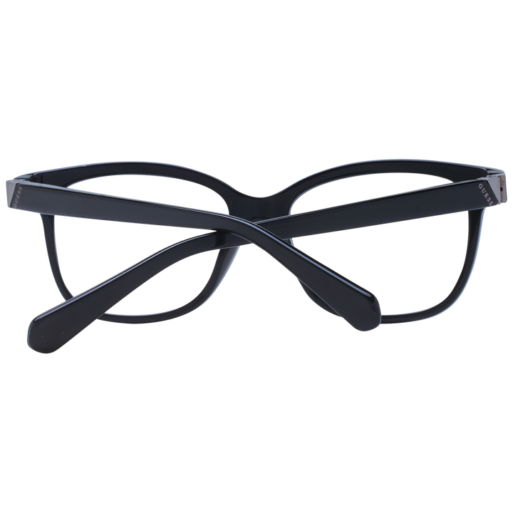 Unisex black plastic rectangular eyeglasses with full-rim frame and logo on temple, front three-quarter view