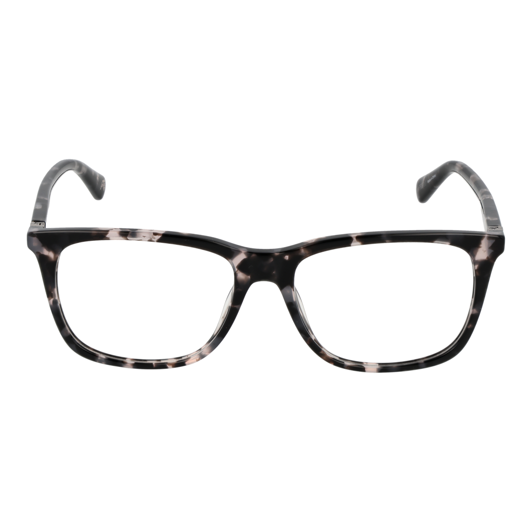 Black and white tortoiseshell full-rim rectangular eyeglasses with metal triangle temple detail, front three-quarter view