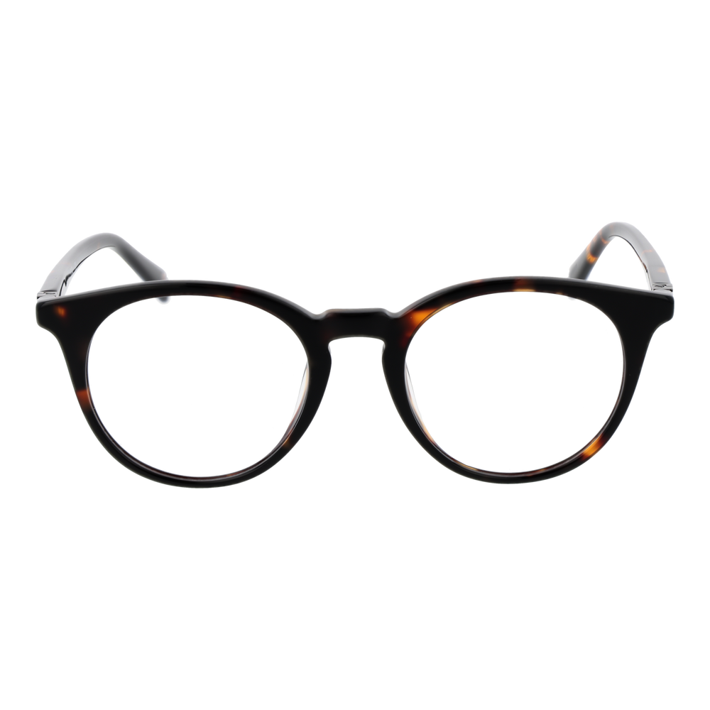 Unisex tortoise shell round eyeglasses, full-rim plastic frame, thin temples, black and brown tones