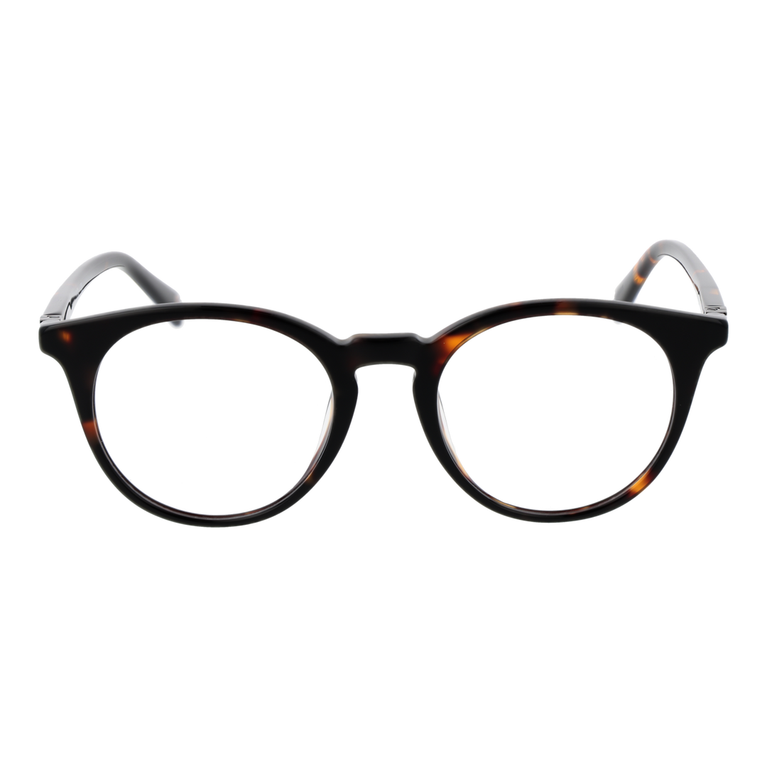 Unisex tortoise shell round eyeglasses, full-rim plastic frame, thin temples, black and brown tones