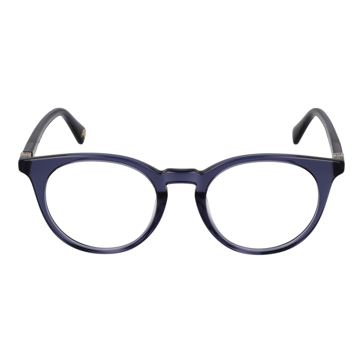 Transparent dark-blue round eyeglasses with metallic temple accents, plastic frame, modern Women’s optical style