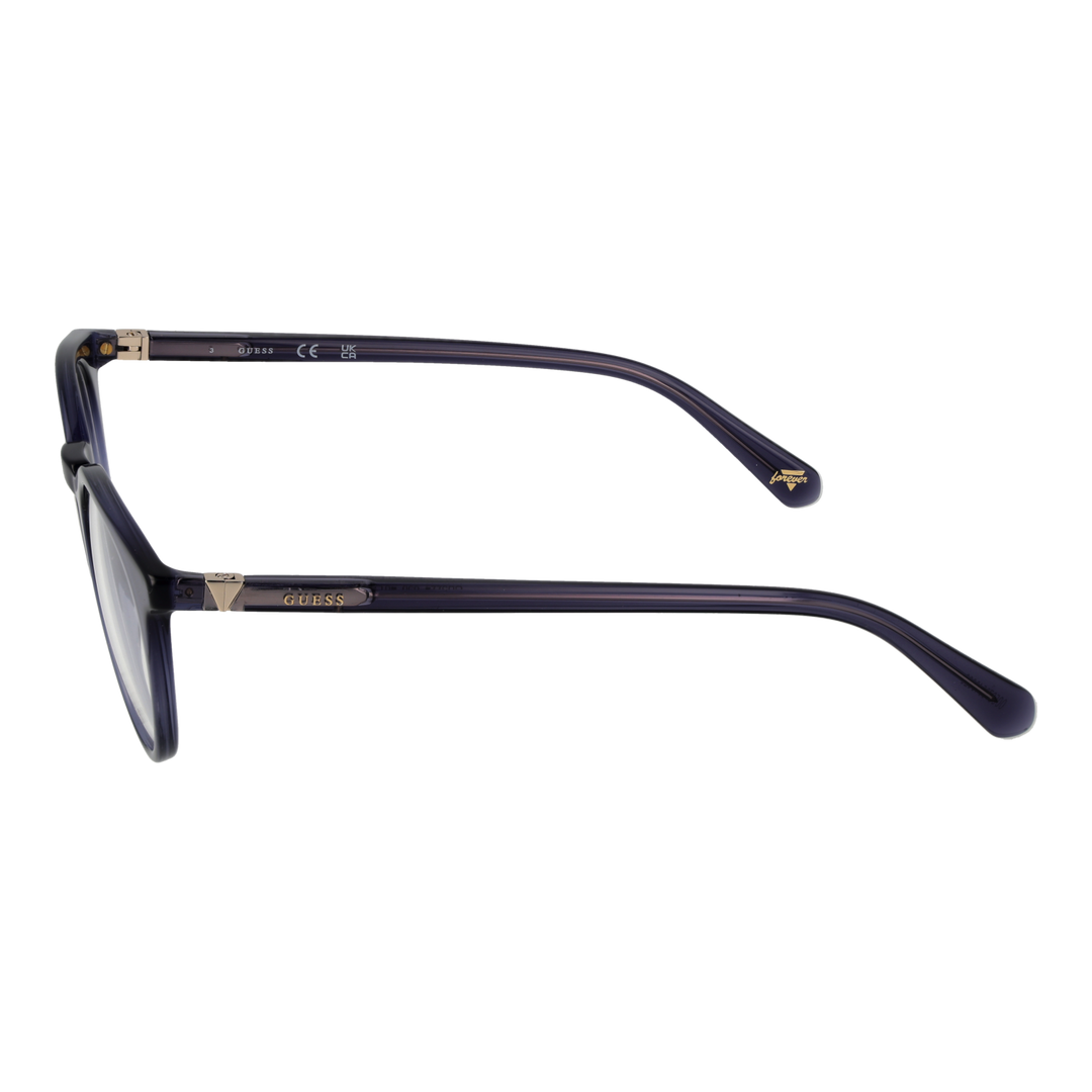 Transparent dark-blue round eyeglasses with metallic temple accents, plastic frame, modern Women’s optical style