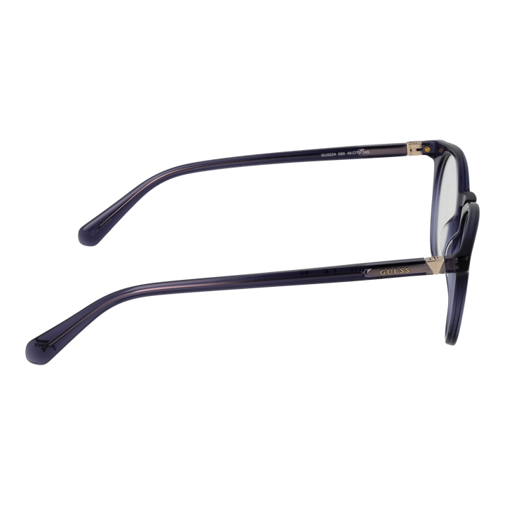 Transparent dark-blue round eyeglasses with metallic temple accents, plastic frame, modern Women’s optical style