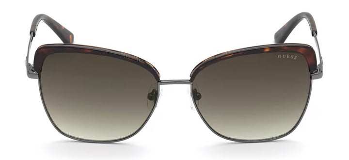 Tortoise shell square sunglasses with gradient brown lenses and metal temples, front three-quarter view