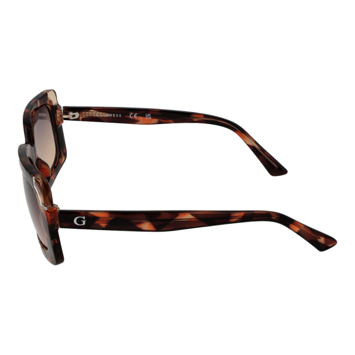 Tortoise brown rectangular sunglasses with gradient lenses and metallic corner accents, Guess logo on temple and lens