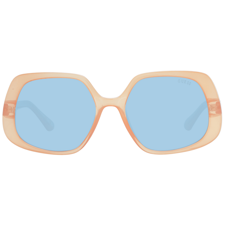 Transparent peach and blue square sunglasses on white background with metal &