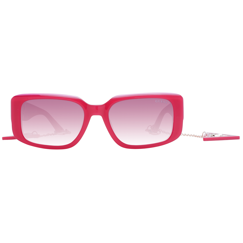 Pink square sunglasses with gradient lenses, chain on temples and logo emblem, plastic frame