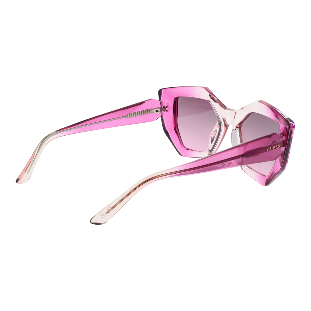 Pink translucent geometric hexagon sunglasses with gradient lenses and wide temples, logo on temple, front angle view