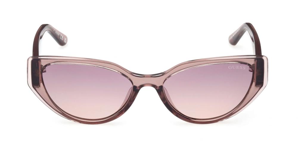 Pinkish purple cat-eye sunglasses in plastic frame with gradient lenses and logo temples
