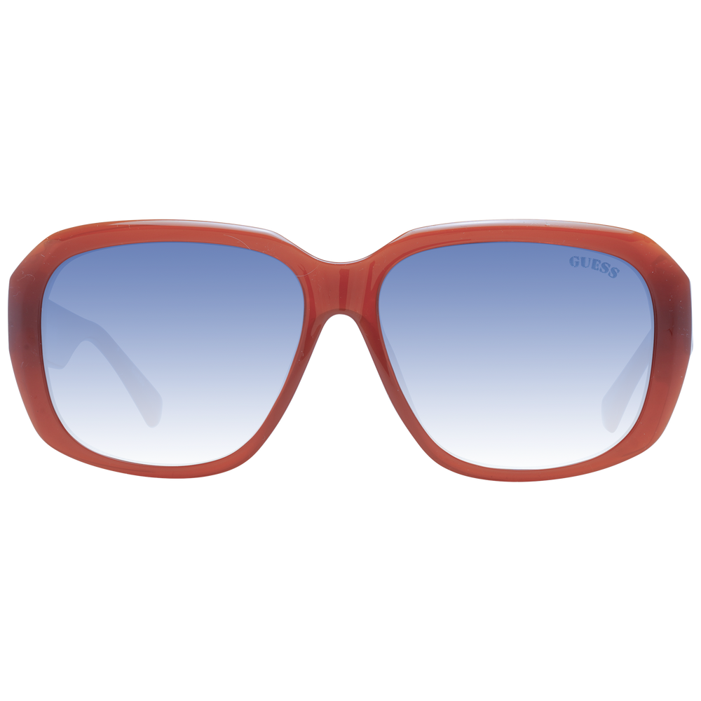 Brown plastic square sunglasses with blue gradient lenses and visible Guess logo on temple and lens