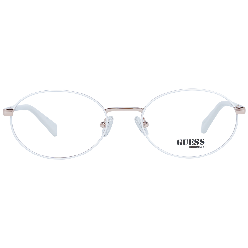 White and rose-gold oval eyeglasses on white background, thin metal frame and nose pads, minimalist design