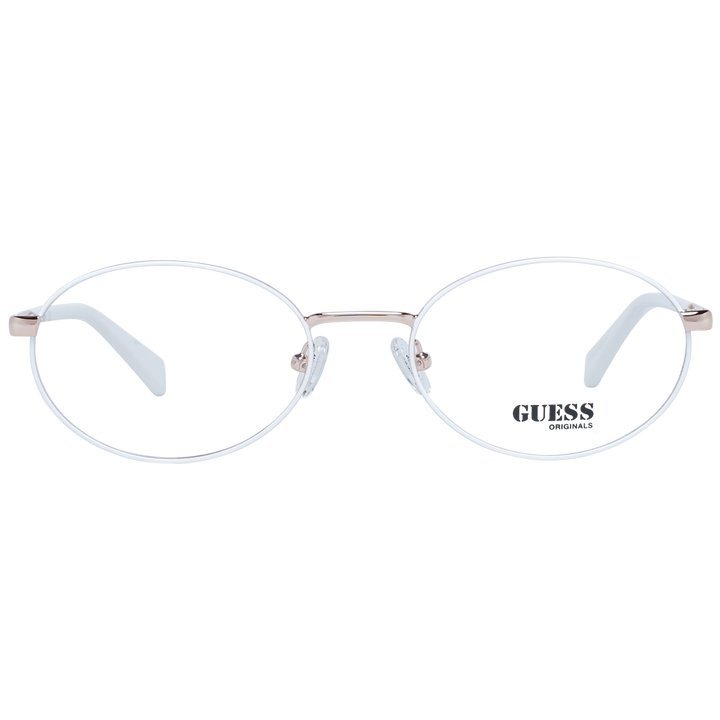 White and rose-gold oval eyeglasses on white background, thin metal frame and nose pads, minimalist design
