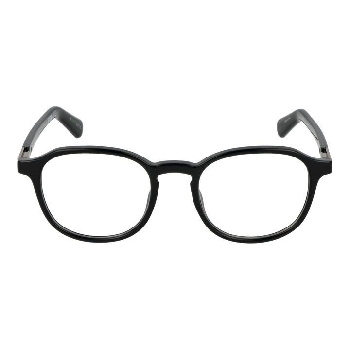 Unisex black round eyeglasses with plastic frame and metal-accent temples on white background