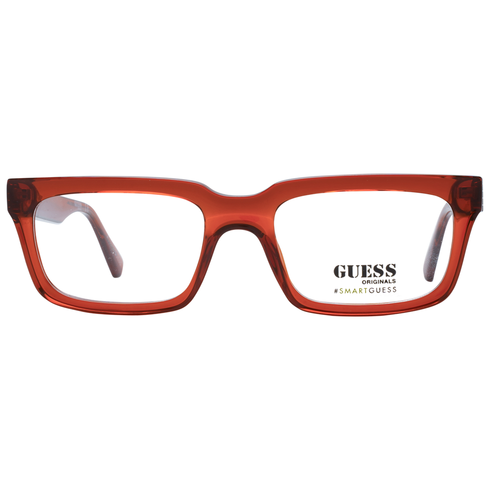 Unisex transparent orange rectangular eyeglasses in plastic with silver-striped temples against neutral background