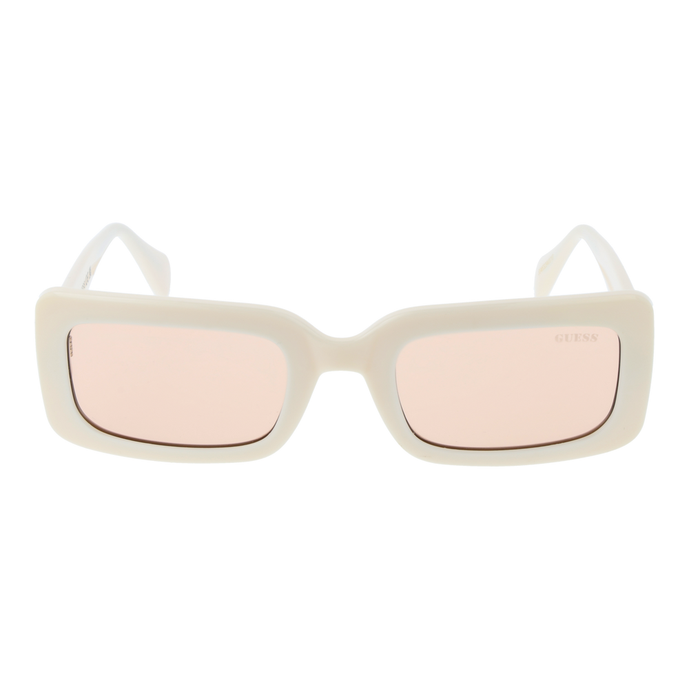 Cream chunky rectangular sunglasses with pink tinted lenses, GUESS logo on lens and red heart on temple