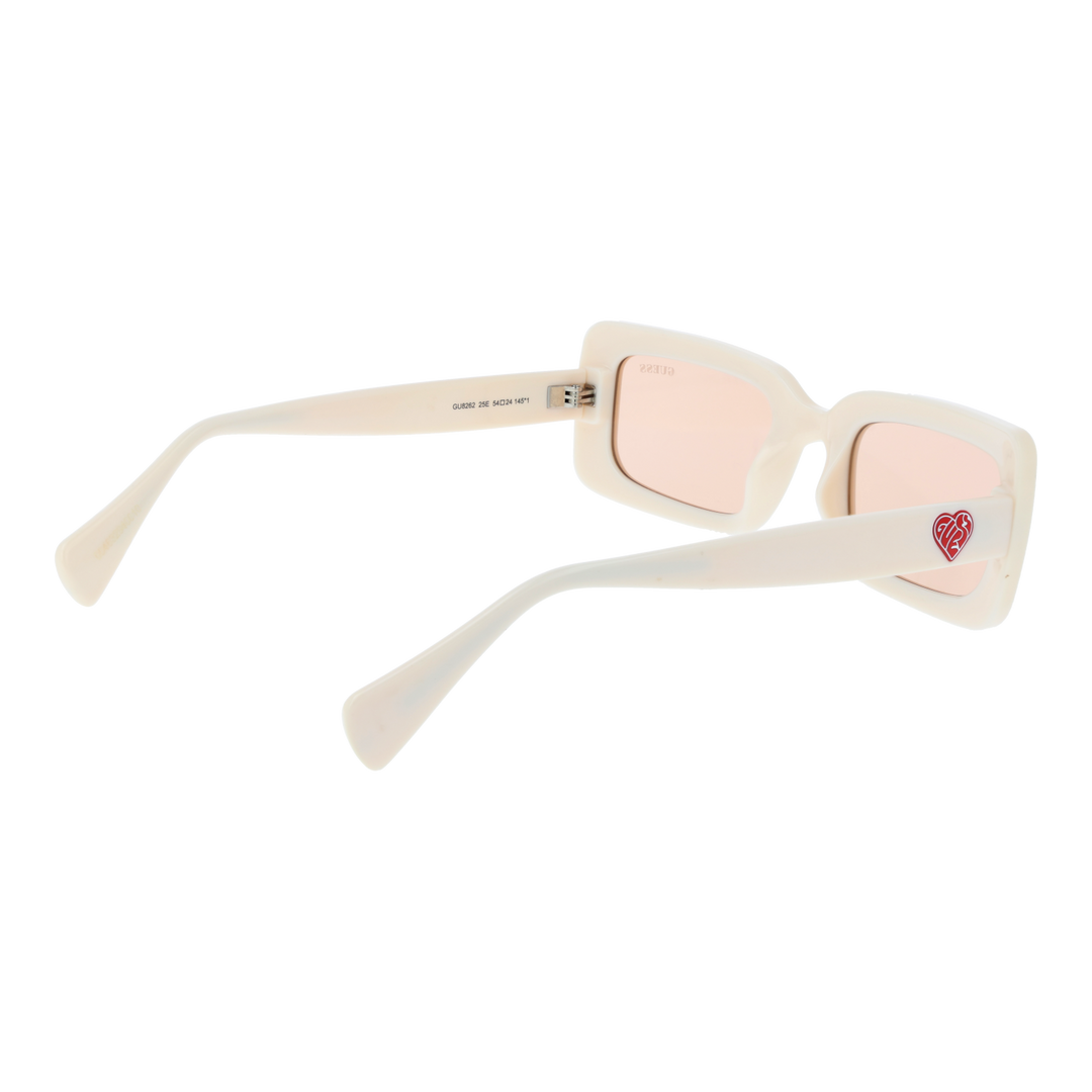 Cream chunky rectangular sunglasses with pink tinted lenses, GUESS logo on lens and red heart on temple
