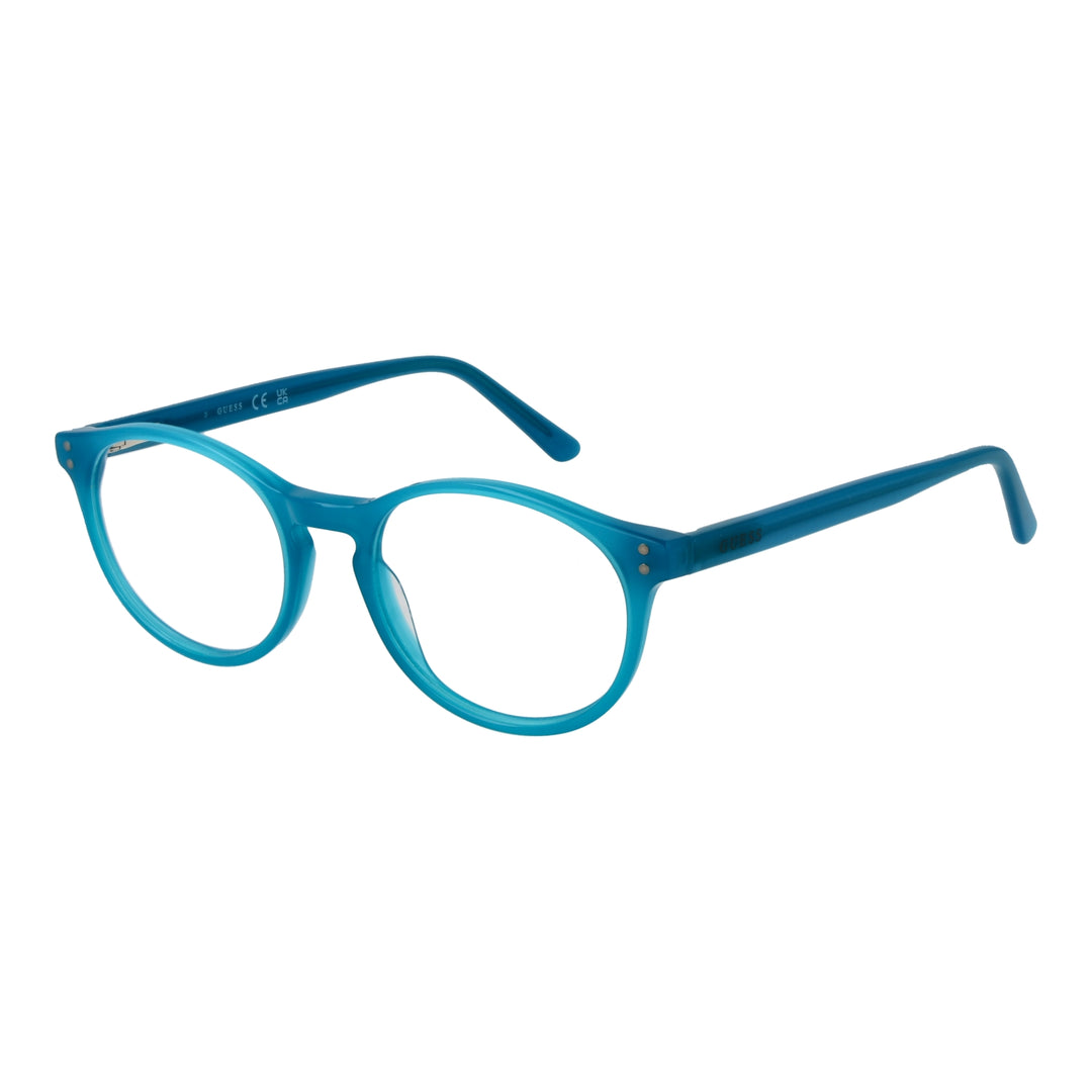 Unisex blue plastic round eyeglasses with small metal rivets near the hinges on a neutral background