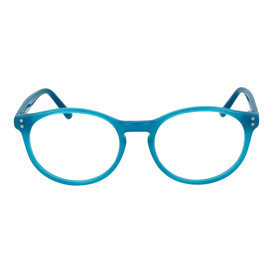 Unisex blue round plastic eyeglasses with two silver hinge dots, clear lenses, classic silhouette