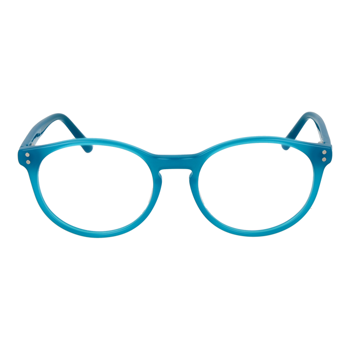 Unisex blue round plastic eyeglasses with two silver hinge dots, clear lenses, classic silhouette