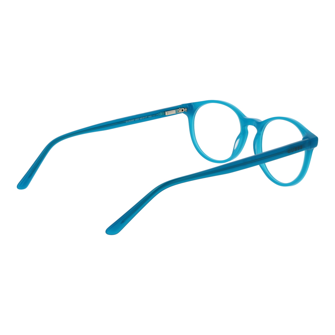 Unisex blue round plastic eyeglasses with two silver hinge dots, clear lenses, classic silhouette