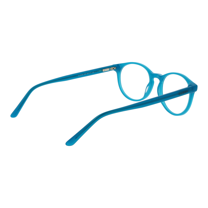 Unisex blue round plastic eyeglasses with two silver hinge dots, clear lenses, classic silhouette