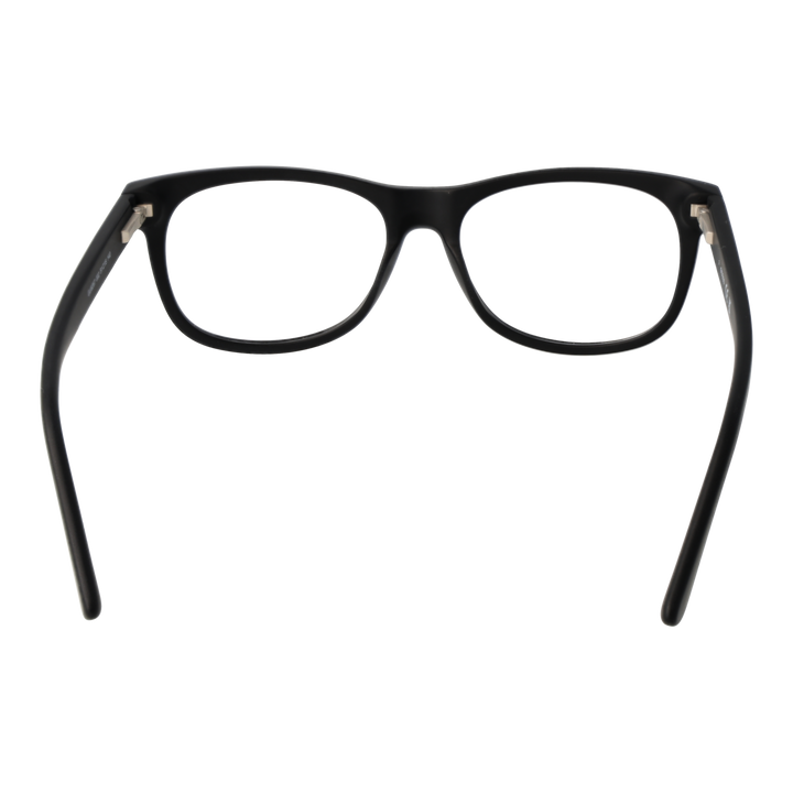 Unisex black full-rim rectangular eyeglasses in plastic on white background showing front and temple