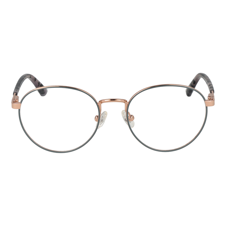 Rose gold thin metal round eyeglasses with tortoiseshell temple tips on neutral background