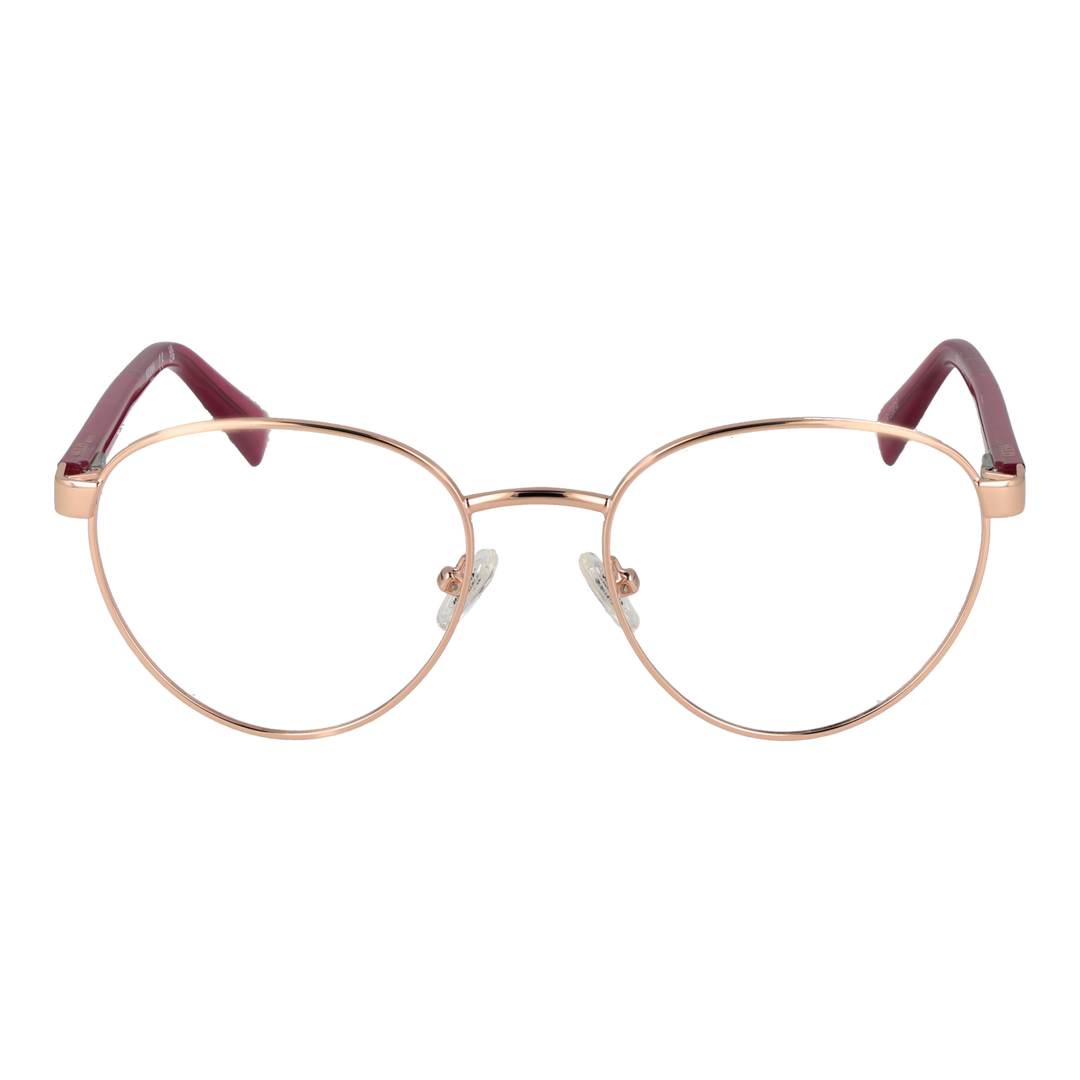 Rose gold thin metal round eyeglasses with burgundy temple tips, adjustable nose pads, minimalist design