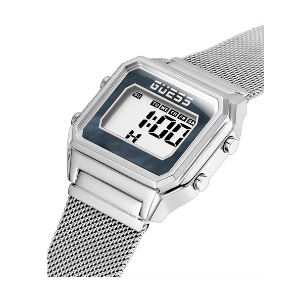 Silver stainless steel digital watch with mesh bracelet and clear day-date display, modern Unisex design