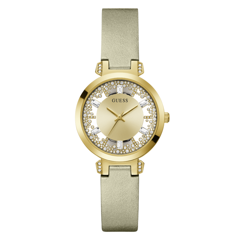 Gold and beige women's wristwatch with leather strap and crystal-set dial, 38 mm case
