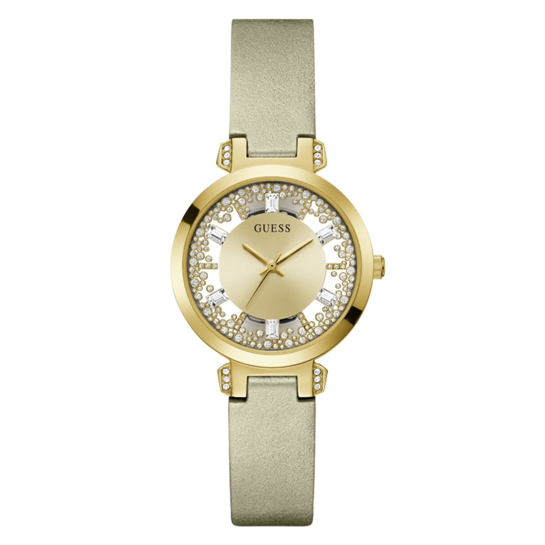 Gold and beige women's wristwatch with leather strap and crystal-set dial, 38 mm case