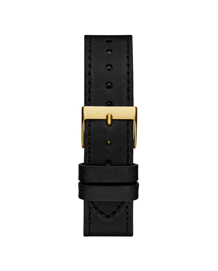 Gold stainless steel watch with black leather strap, crystal-set dial, 38mm case, quartz movement
