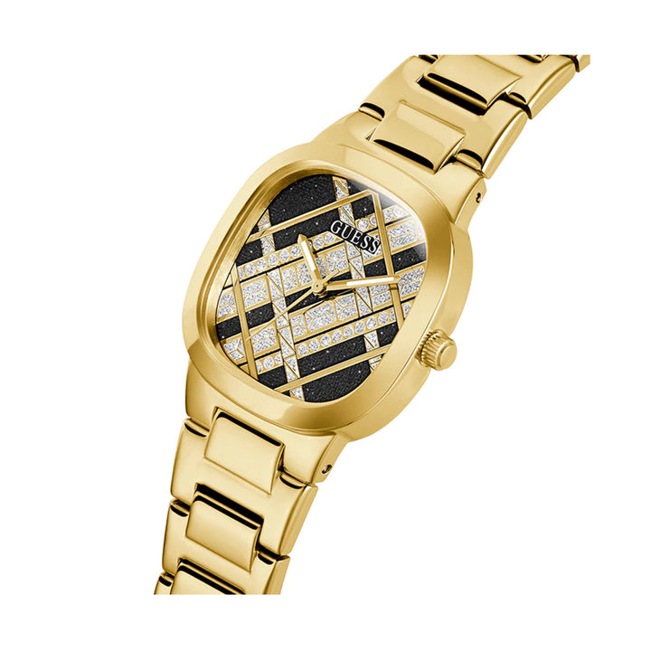 Gold metal wristwatch for Women with square face, geometric crystal-set dial and metal link bracelet