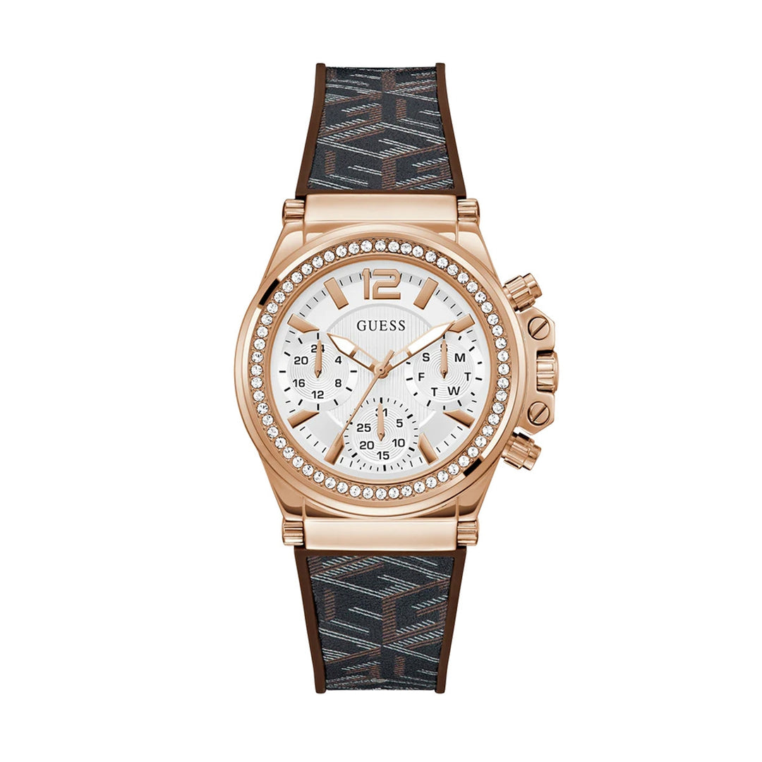 Rose Gold Elegance Chronograph with Patterned Fabric Strap