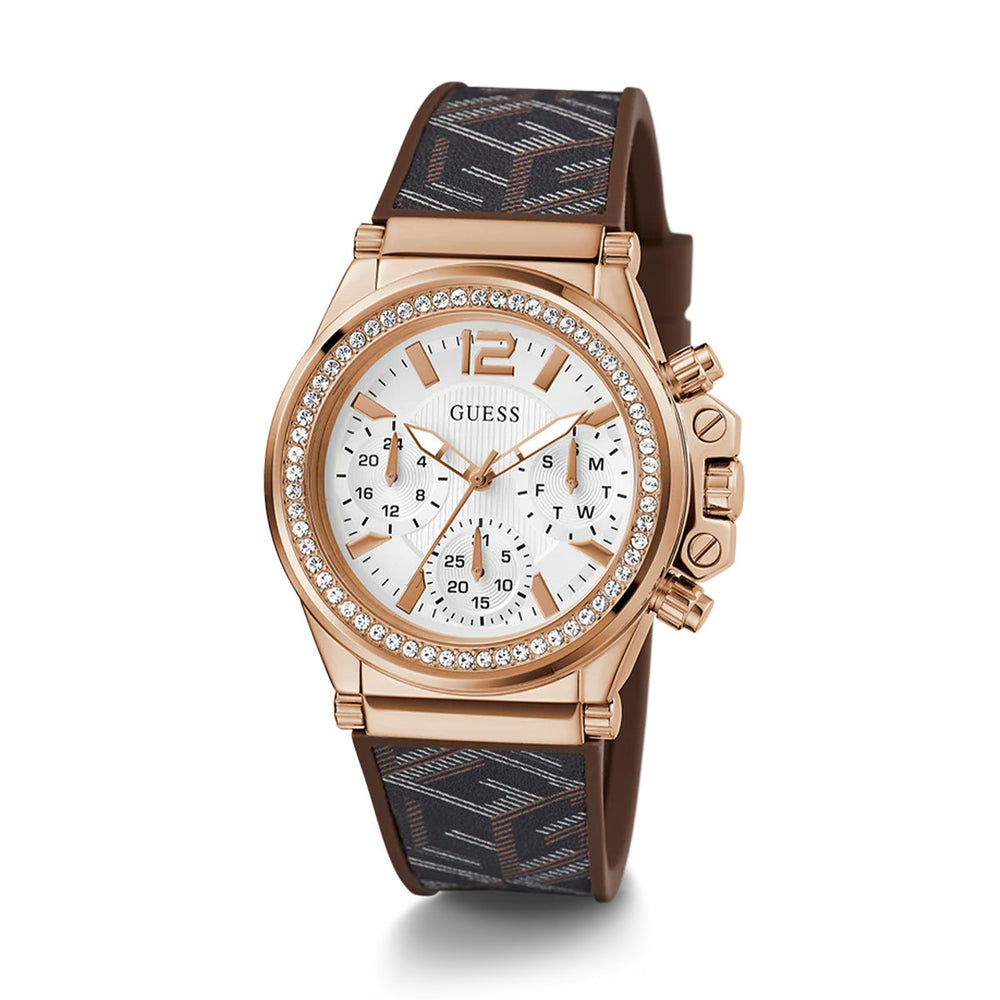 Rose Gold Elegance Chronograph with Patterned Fabric Strap