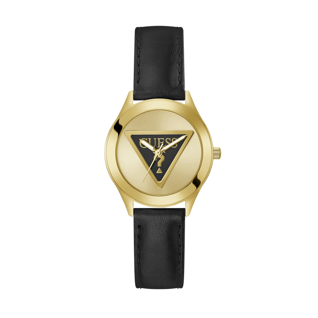 Gold case wristwatch with black mineral dial and leather strap, elegant dress watch for Man