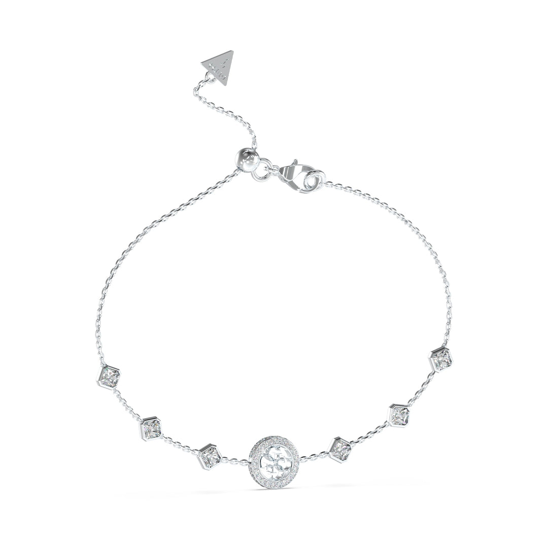 Delicate silver chain bracelet with round pavé charm and square crystals, lobster clasp and slider bead