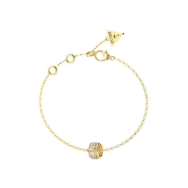 Delicate gold chain bracelet with circular charm set with small stones and polished clasp on white background