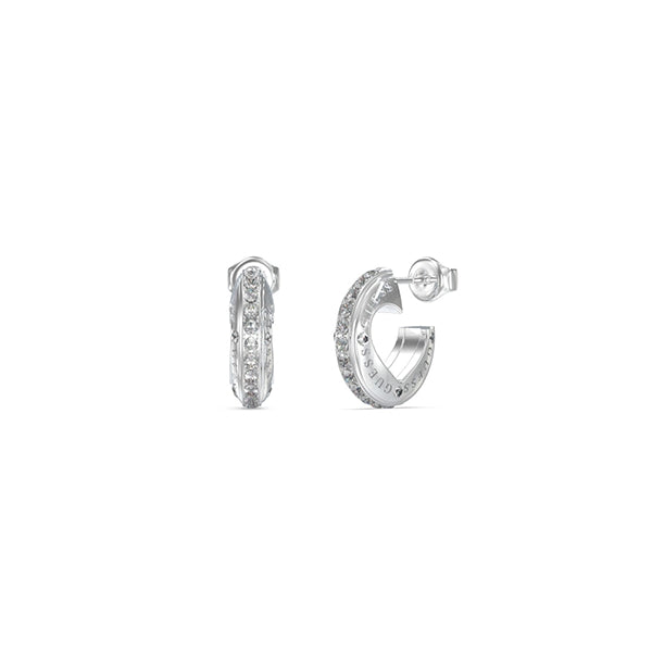 Silver hoop earrings for Women with engraved text and embedded clear stones, modern elegant metal design