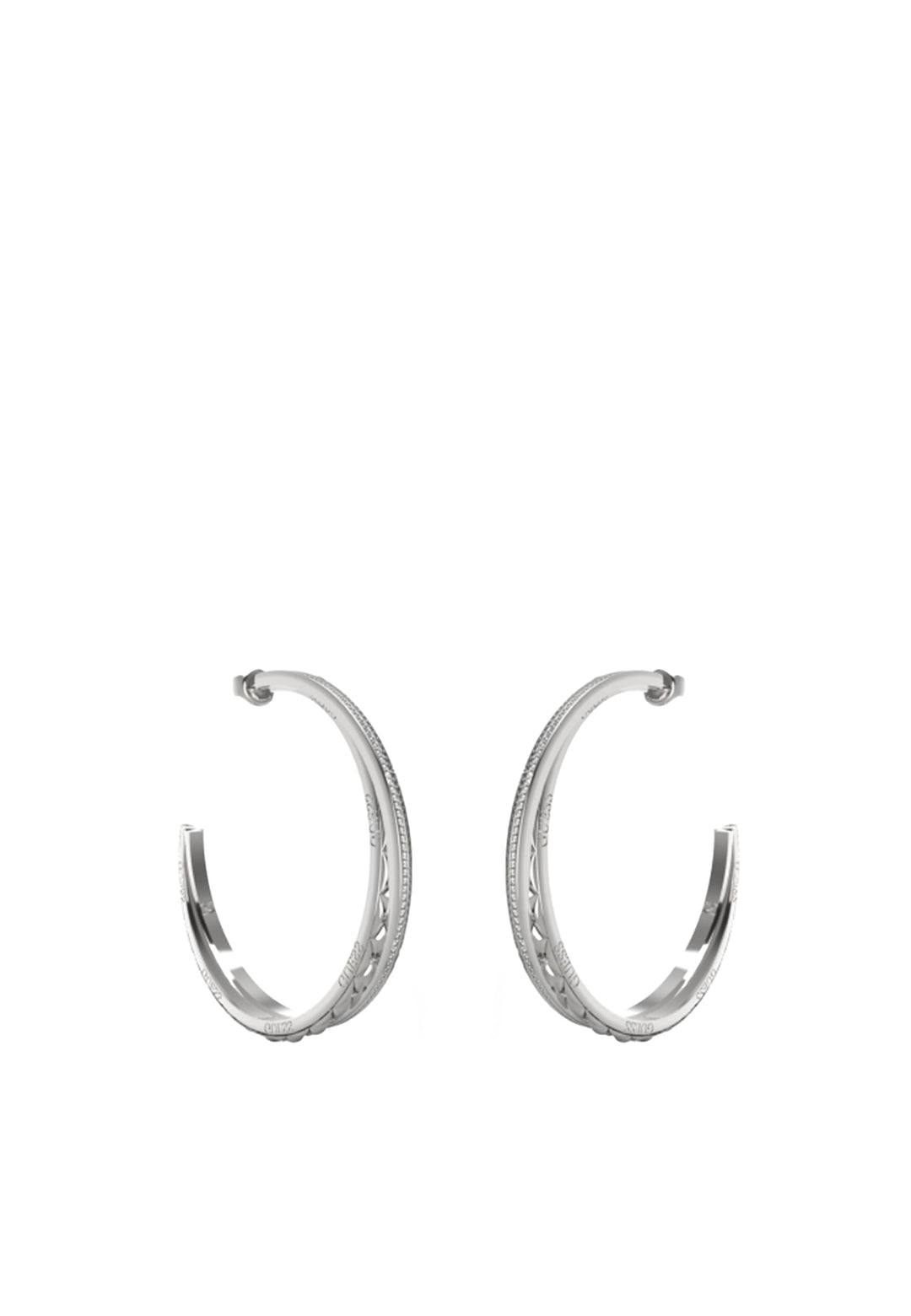 Pair of silver-tone textured hoop earrings with engraved pattern and hinge closure, modern design for Women