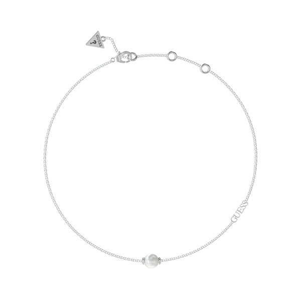 Minimalist silver chain bracelet with single pearl bead and GUESS logo charm, adjustable clasp