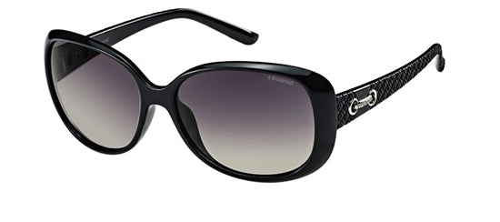 Black oversized sunglasses in plastic frame with gradient lenses and metal temple detail, front three-quarter view