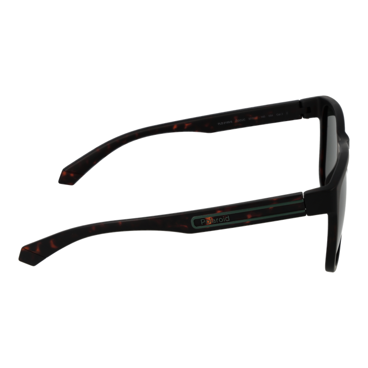 Tortoiseshell rectangular sunglasses in plastic frame with dark green polarized lenses, temple logo visible